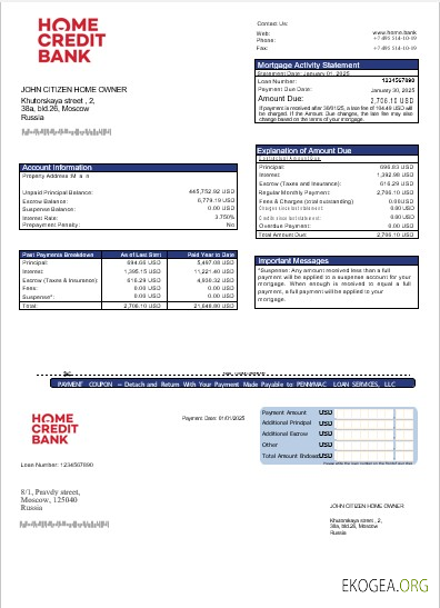 Relevé hypothécaire de la banque Russia Home Credit aux formats Word et PDF